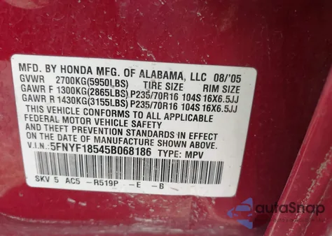 2005 Honda Pilot Ex-L from USA, damaged, VIN 5FNYF18545B068186